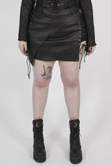 Black Side Metal Clasp Lace-Up Irregular Hem Plus Size Skinny Leather Women's Punk Skirt - Black - 1