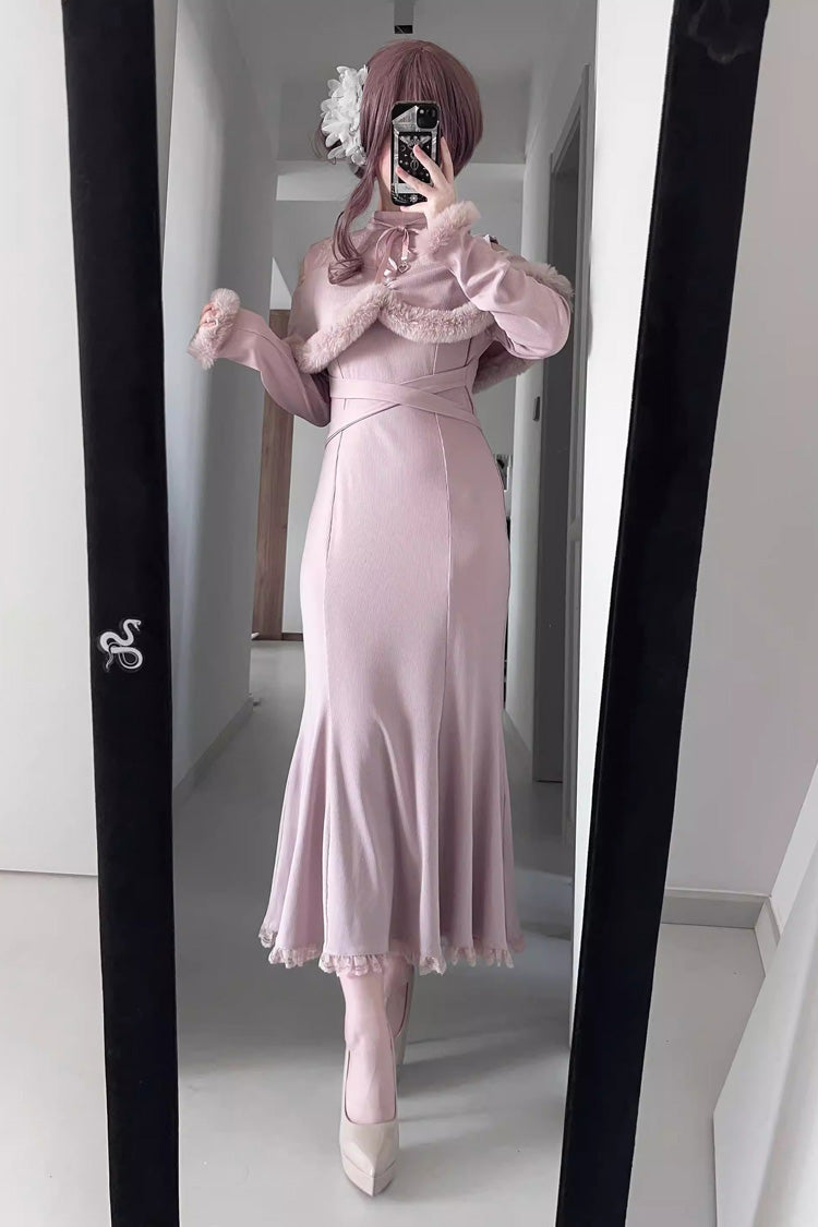 Jirai Kei Stand Collar Off Shoulder Long Sleeves Embroidered Lace Sweet Japanese Fishtail Dress 2 Colors - Product - 4