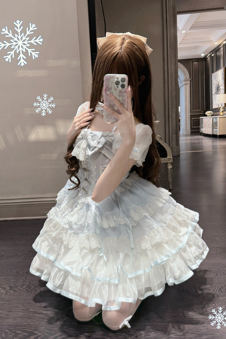 White/Blue [Ice Dance] Short Sleeves Multi-Layered Ruffle Embroidery Bowknot Lace Sweet Lolita Dress - Product - 3