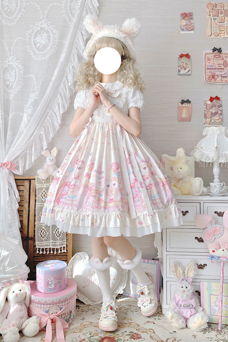 Ivory Cute Cat Print High Waisted Ruffle Bowknot Sweet Princess Lolita JSK Dress - Product - 5