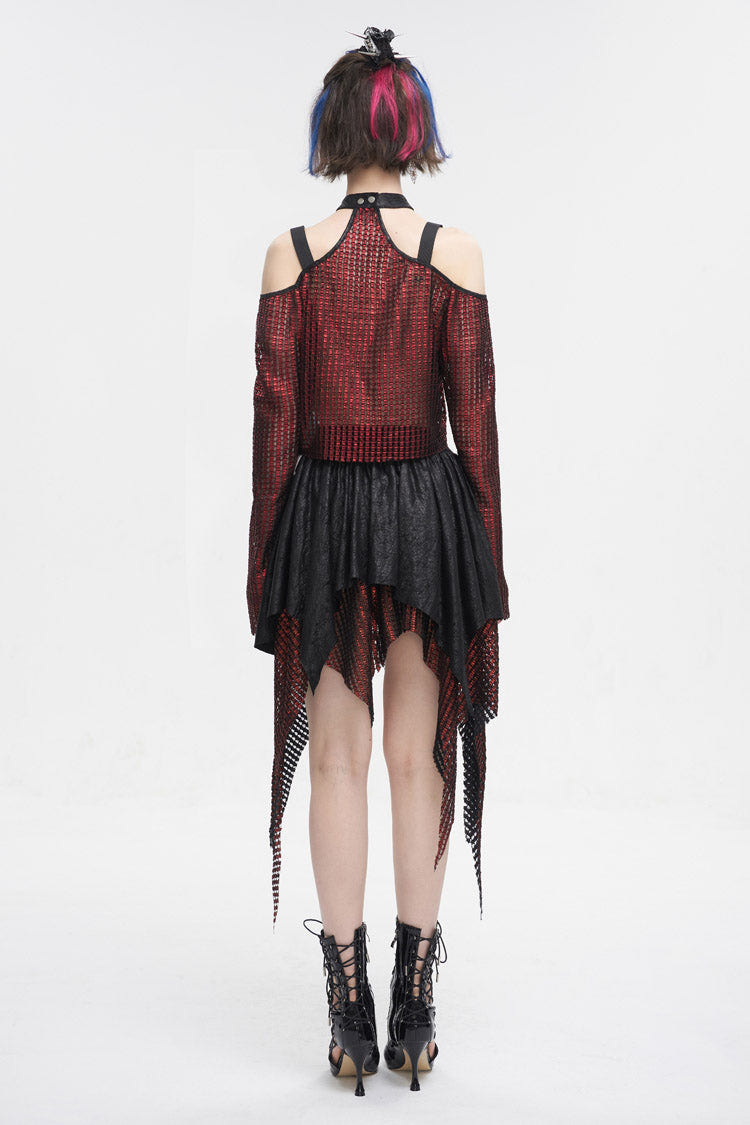 Red Off Shoulder Buckle Sheer Crop Women's Gothic Shirt - Product - 6