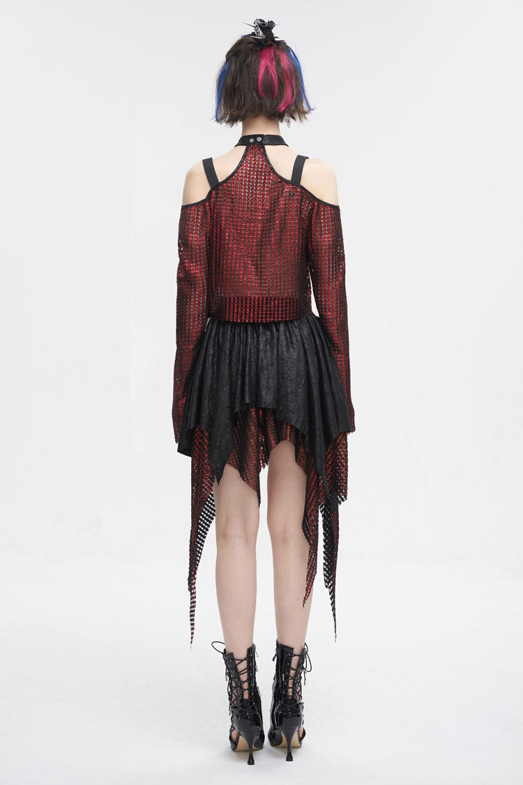 Red Off Shoulder Buckle Sheer Crop Women's Gothic Shirt - Product - 6
