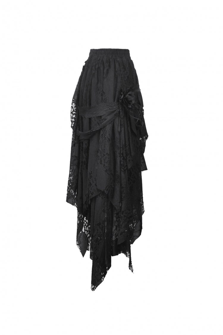 Black Women's Gothic Lace Irregular Distressed Hanky‑Hem Skirt - Product - 14