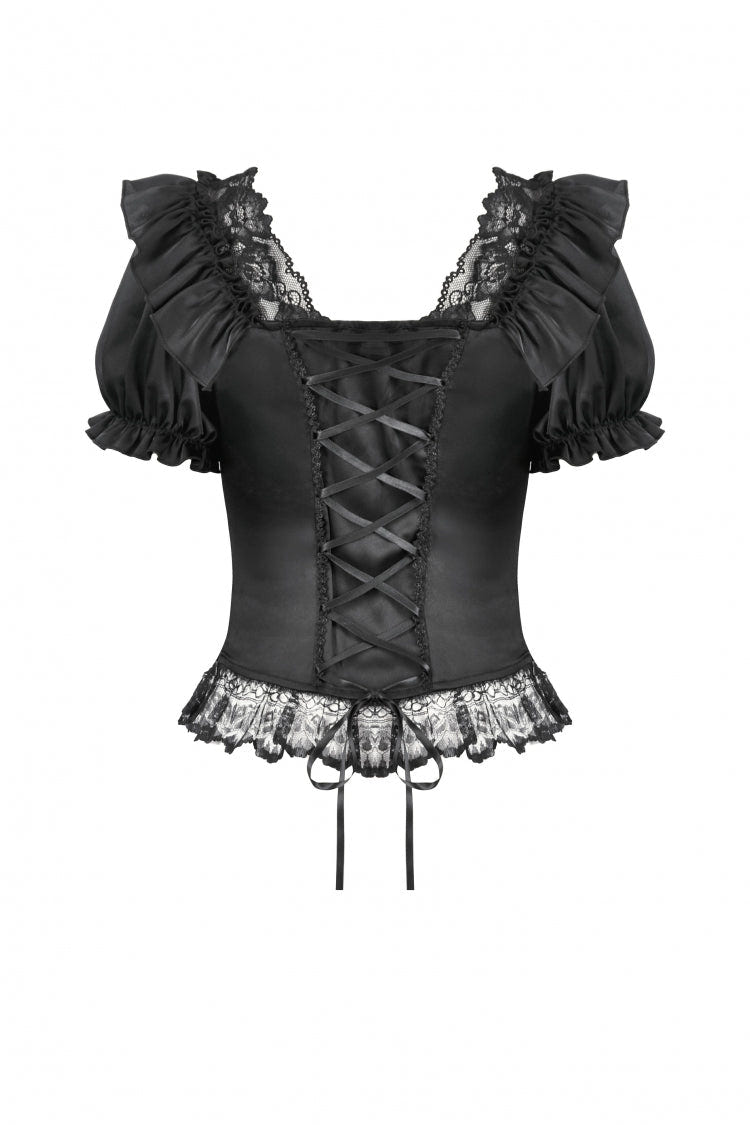 Black Square Collar Short Sleeves Ruffled Lace Lace-Up Women's Gothic Rococo Corset Top - Product - 11