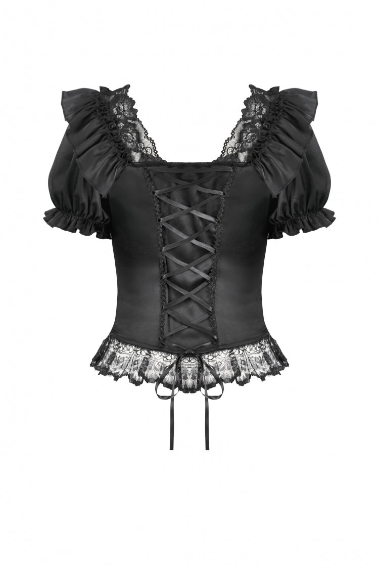 Black Square Collar Short Sleeves Ruffled Lace Lace-Up Women's Gothic Rococo Corset Top - Product - 11