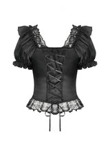 Black Square Collar Short Sleeves Ruffled Lace Lace-Up Women's Gothic Rococo Corset Top - Product - 11