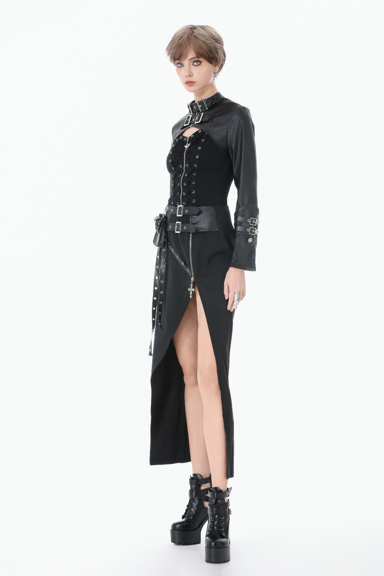 Black PU Leather Long Sleeves Buckled Strap Zippered Women's Punk Shrug - Product - 2