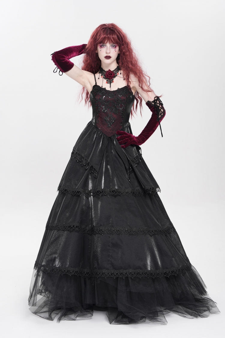 Black Sleeveless Multi-Layered Embroidery Pearl Women's Gothic Slip Dress - Product - 6