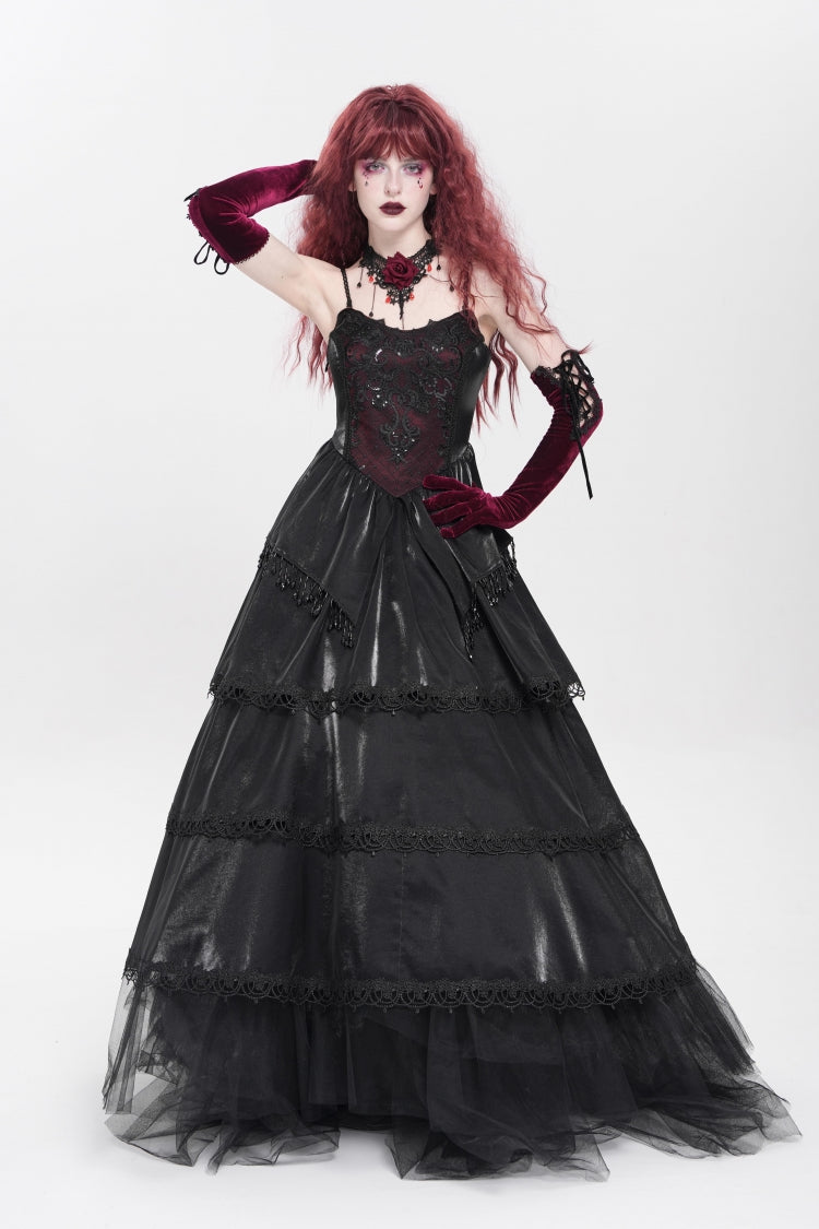 Black Sleeveless Multi-Layered Embroidery Pearl Women's Gothic Slip Dress - Product - 6