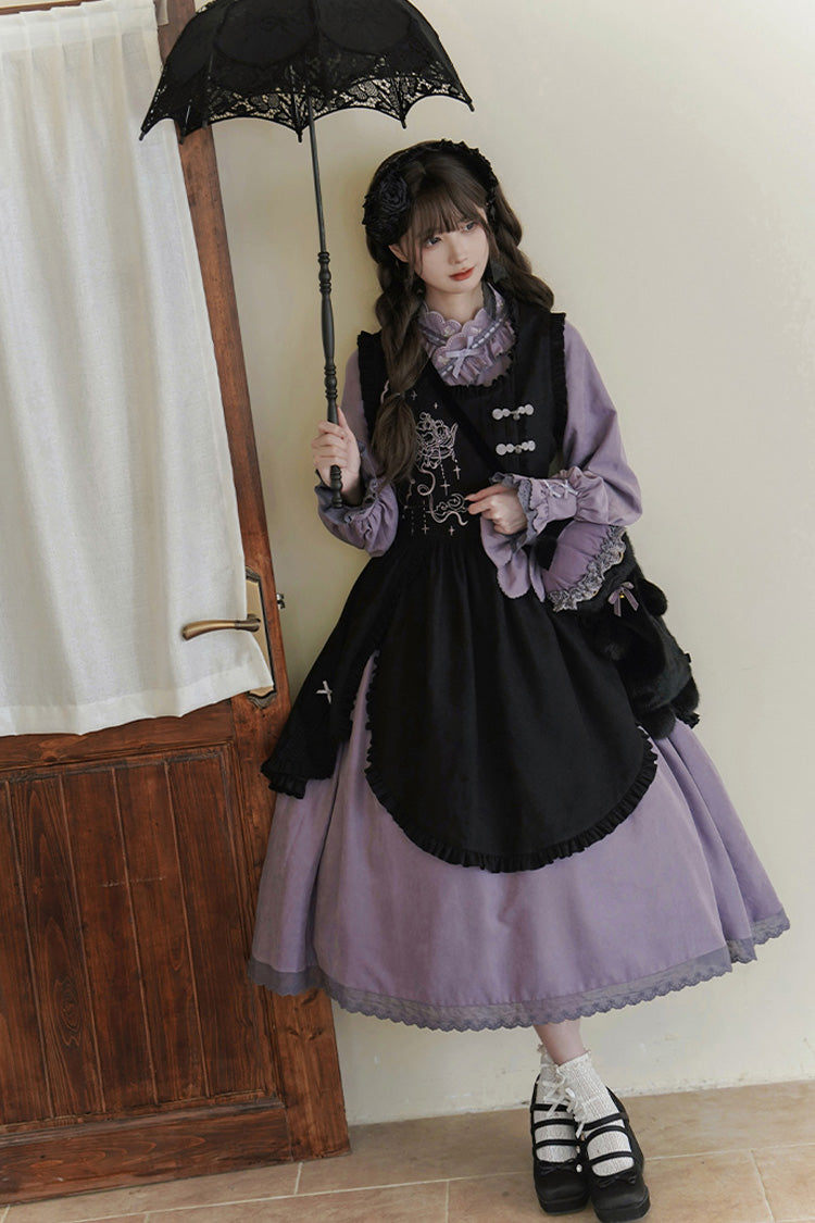 Black/Purple Petal Collar Drawstring Long Sleeves Embroidery Sweet Chinese Style Lolita Dress Two-piece Set - Product - 4
