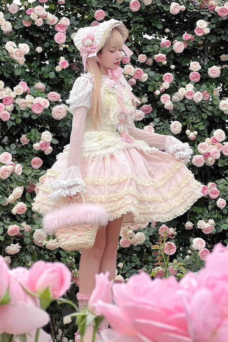 Pink/Yellow Dream Lace Romantic Bowknot Princess Sweet Lolita Skirt Dress - Product - 3