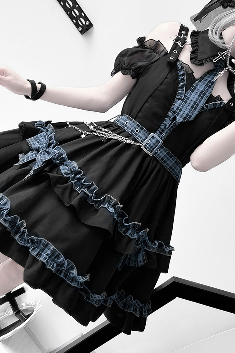 Black [Dark Night Starlight] Chain Ruffle Bowknot Lace Buckle Gothic College Style Lolita Dress Set - Product - 4