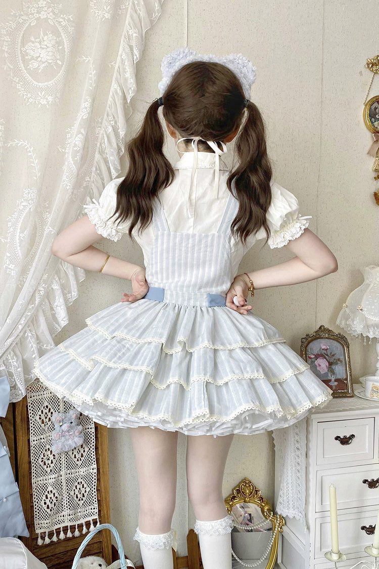 Light Blue Cotton Sleeveless Triple-Layered Printed Ruffled Bow Sweet Lolita Strap Dress - Product - 5