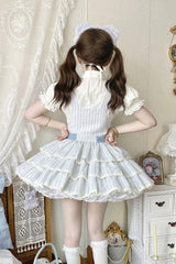Light Blue Cotton Sleeveless Triple-Layered Printed Ruffled Bow Sweet Lolita Strap Dress - Product - 5