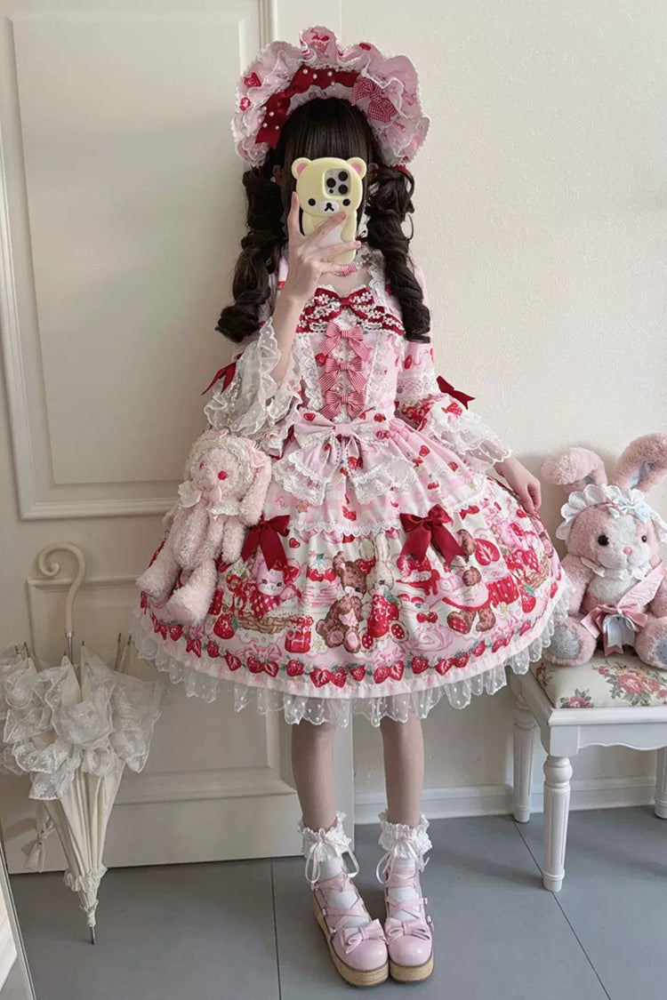 Red/Pink [Sweet Berry Bunny Bear] Half Sleeves Printed Bow Lace Lace-Up Sweet Lolita OP Dress - Product - 5