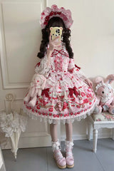 Red/Pink [Sweet Berry Bunny Bear] Half Sleeves Printed Bow Lace Lace-Up Sweet Lolita OP Dress - Product - 5