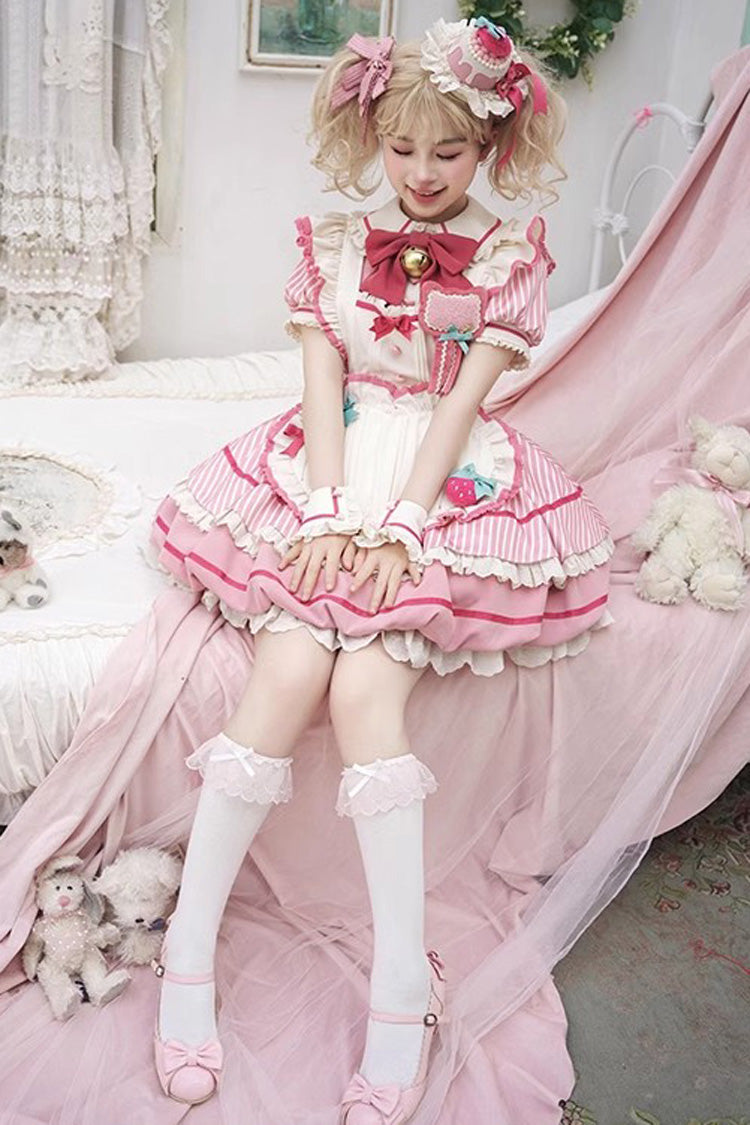Pink [Berry Bubbles] Stripe Print Ruffle Bowknot Lace Sweet Lolita Dress - Product - 6
