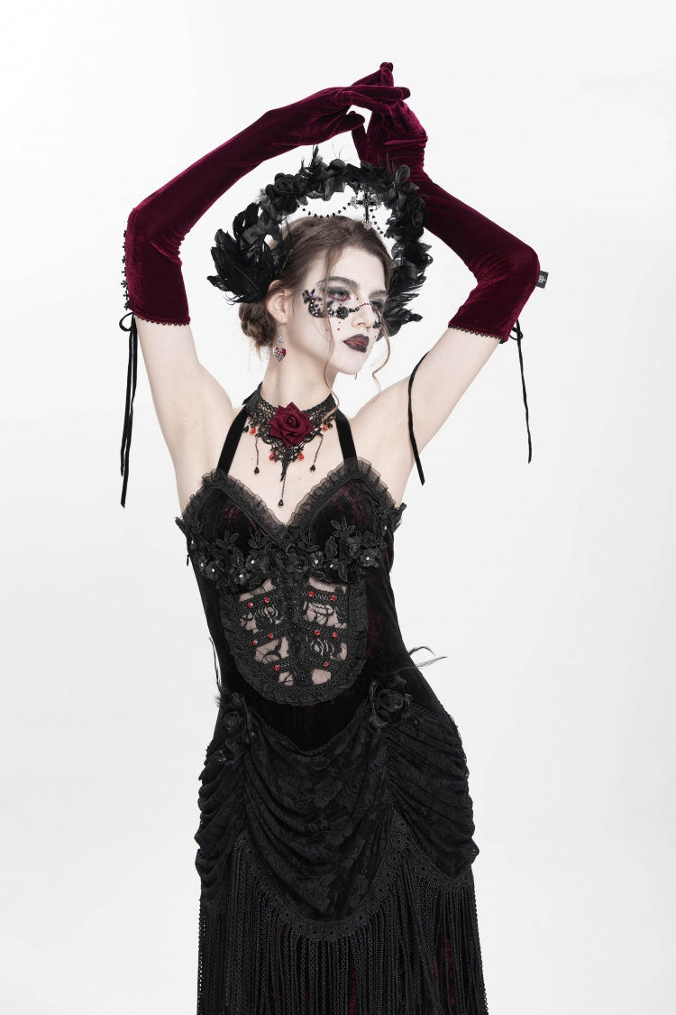 Red Sleeveless Hollow Floral Embroidery Lace-Up Pleated Women's Gothic Maxi Dress - Product - 6