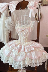 Pink [Realm of Sea Moon] Square Collar Sleeveless Multi-Layered Jacquard Ruffled Bow Lace Lace-Up Sweet Lolita Jsk Dress - Product - 8