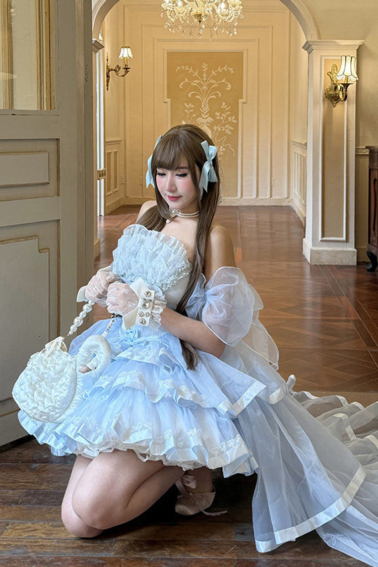 Blue [Mousse Love Song] Off Shoulder Sleeveless Triple-Layered Ruffled Hanayome Bow Sweet Elegant Ballet Lolita Short Dress Set - Product - 4