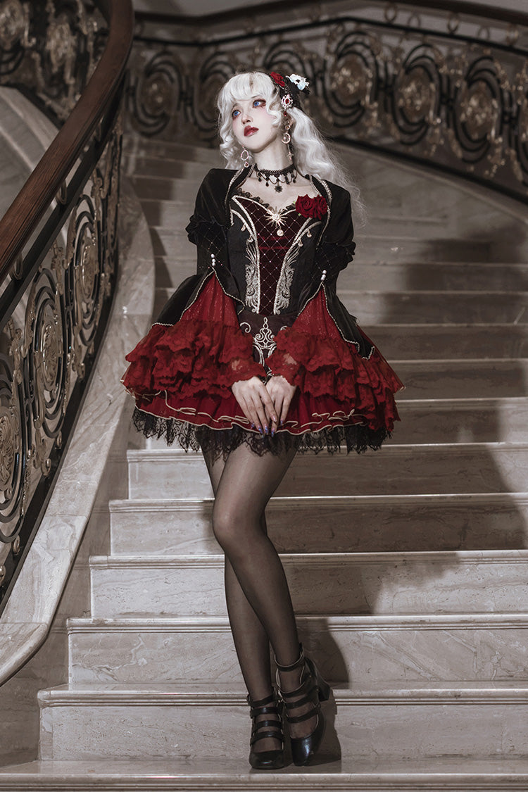 Black/Red [Blood Clan Feast] Ruffle Embroidery Lace Gothic Lolita Jsk Dress Set - Product - 6