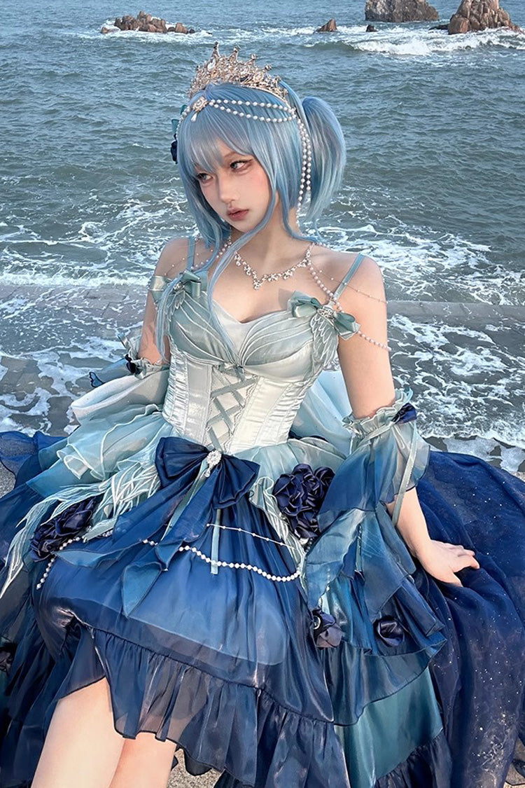 Undersea Blue [Swan Wonderland] Embroidery Bowknot Lace-Up Short Front Long Back Irregular Sweet Ballet Lolita Jsk Dress - Product - 3