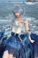 Undersea Blue [Swan Wonderland] Embroidery Bowknot Lace-Up Short Front Long Back Irregular Sweet Ballet Lolita Jsk Dress - Product - 3