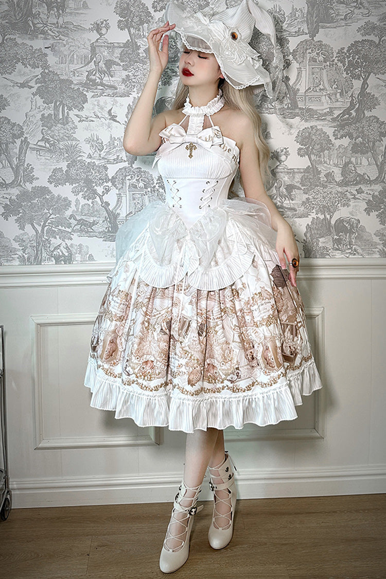 White [The Mystery of The Doll] Halterneck Print Ruffle Bowknot Drawstring Gothic Lolita Dress - White - 5