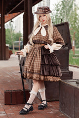 Brown [Morning Tune] Sleeveless High Waisted Print Ruffle Asymmetric Sweet Lolita Strap Dress - Product - 3
