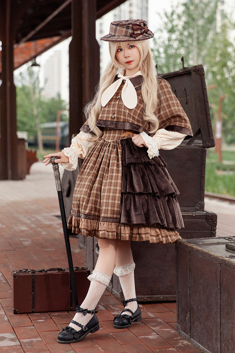 Brown [Morning Tune] Sleeveless High Waisted Print Ruffle Asymmetric Sweet Lolita Strap Dress - Product - 3