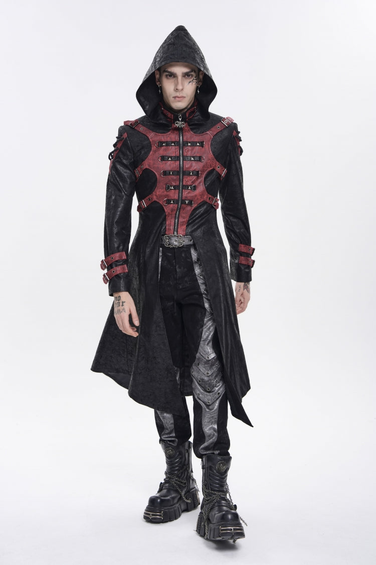 Black Stand Collar Long Sleeves Printed Spliced Studded Buckled Zippered Eyelet Men's Punk Cool Hooded Jacket - Black - 1