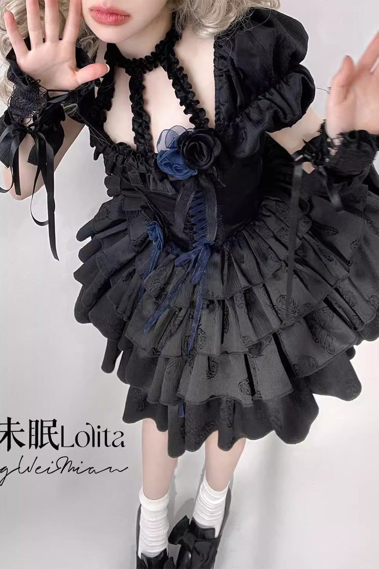 Black Halterneck Short Sleeves Multi-Layered Ruffle Bowknot Lace-Up Fishbone Gothic Lolita Dress - Product - 4