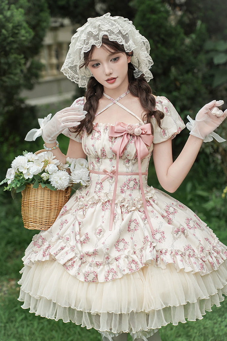 Ivory [Rose After The Rain] Short Sleeves Triple-Layered Print Ruffle Bowknot Lace-Up Sweet Lolita Short Dress - Product - 6