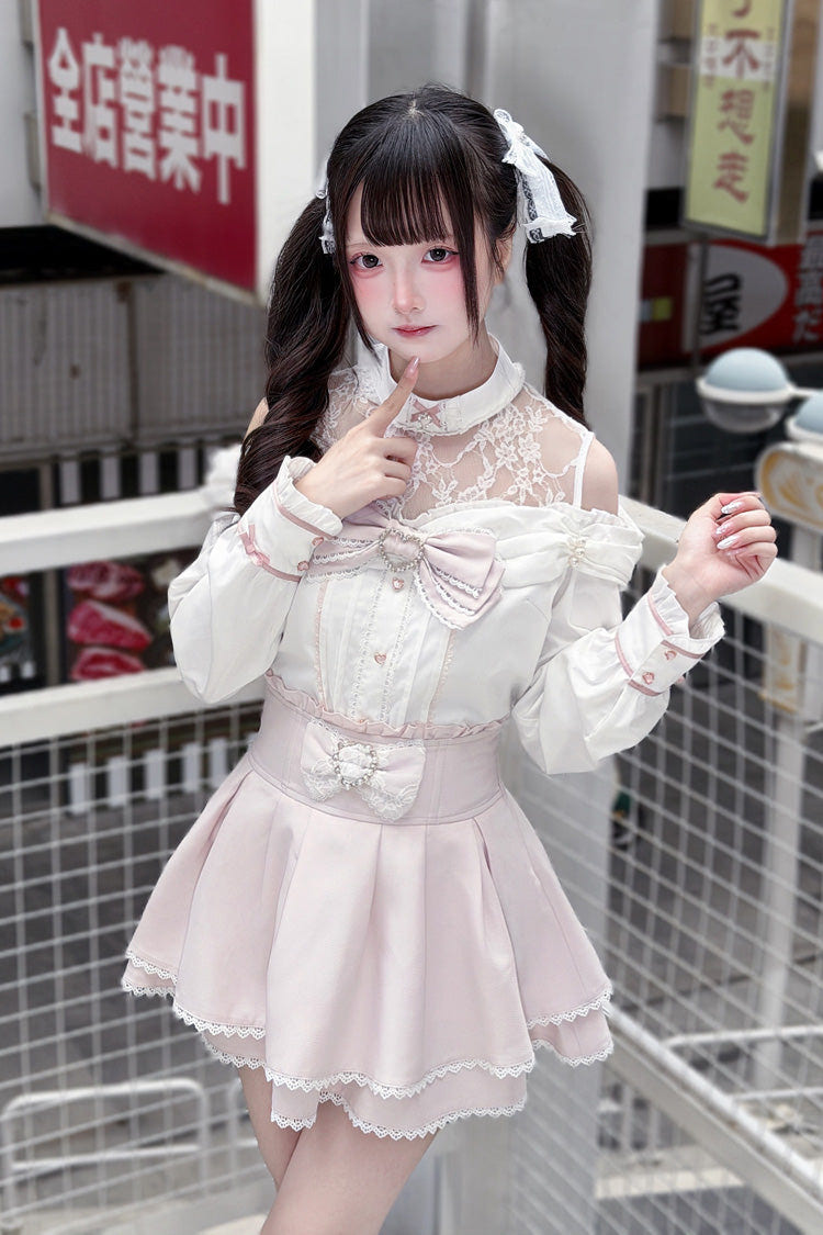 [Frosted Pearl Princess] Round Collar Off Shoulder Long Sleeves Bow Lace Sweet Jirai Kei Japanese Skirt Set 2 Colors - Pink/White(Set) - 11