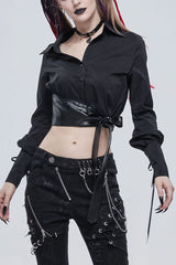 Black Punk Asymmetrical Neckline Buttonhole Cuffs With Cord Design Cropped Thin Texture Long Sleeve Women's Shirt - Black - 1