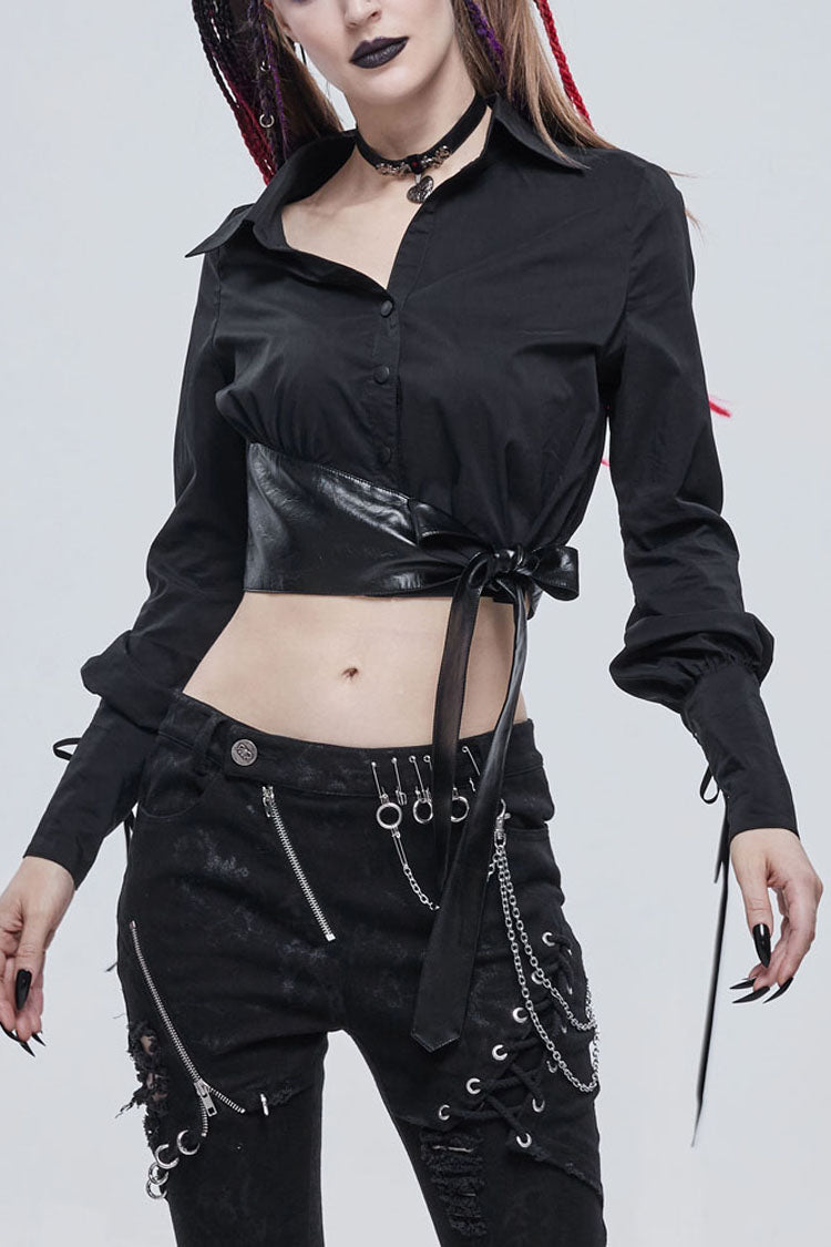 Black Punk Asymmetrical Neckline Buttonhole Cuffs With Cord Design Cropped Thin Texture Long Sleeve Women's Shirt - Black - 1
