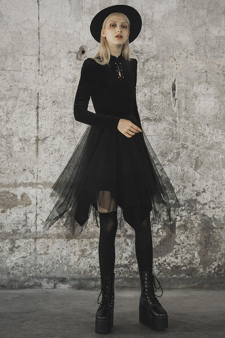 Black Velvet Mesh Stitching Elastic Women's Gothic Dress - Product - 2