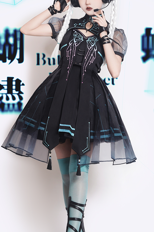Black Sense Of Technology Butterfly Ember High Waisted Gothic Lolita JSK Dress Full Set - Black - 1