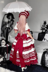White/Red [Layered Red Velvet] Short Sleeves Ruffle Bowknot Lace Sweet Lolita Dress - Product - 6