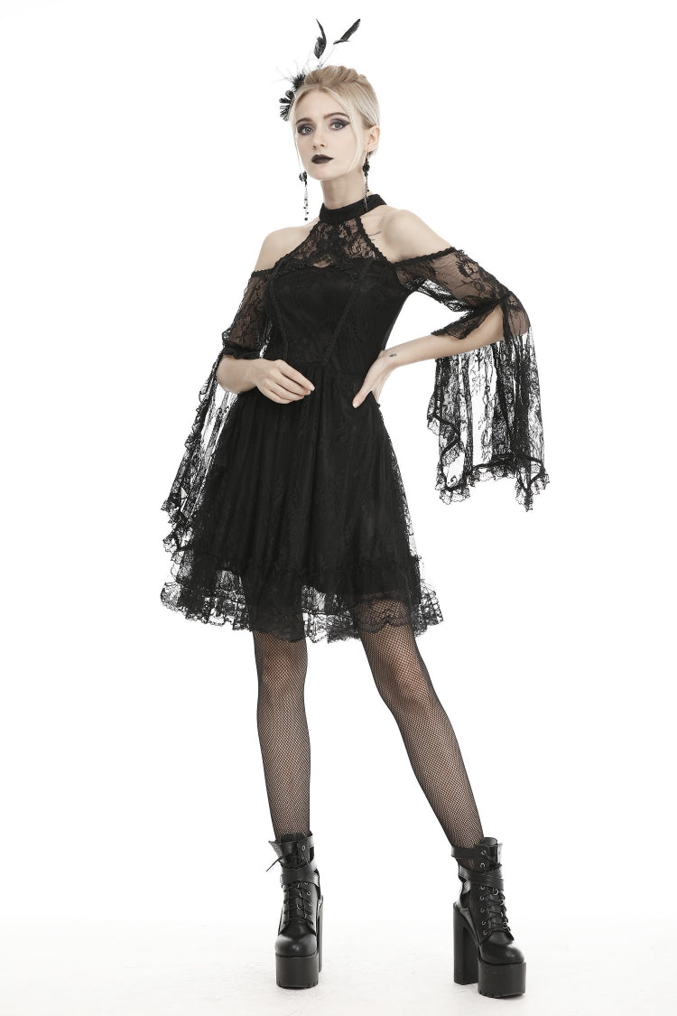 Black Off Shoulder Halterneck Long Sleeves Lace Women's Gothic Dress - Product - 2