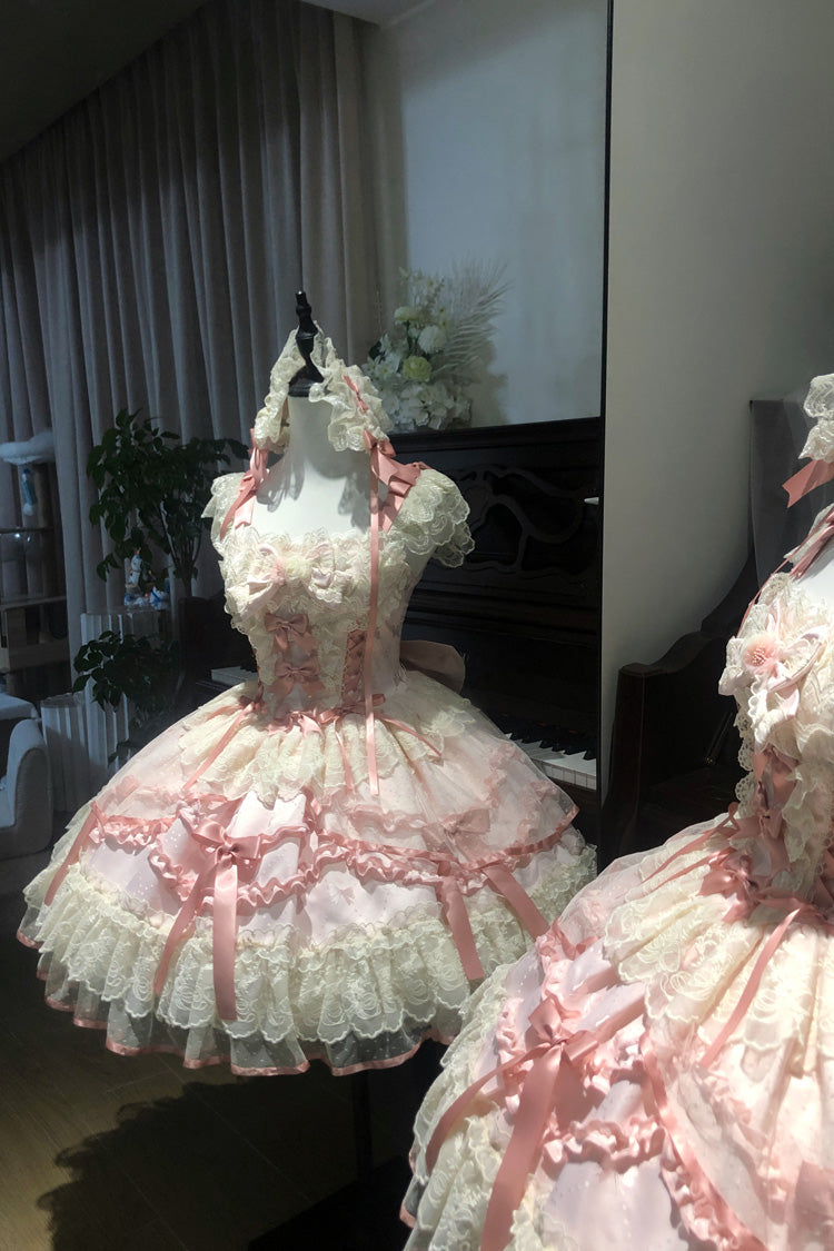 Pink [Dreaming Butterfly] Multi-Layered Jacquard Ruffle Bowknot Lace Sweet Princess Lolita Jsk Dress - Product - 12