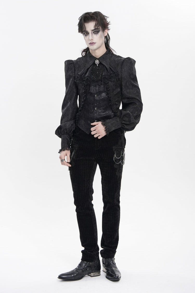 Black Lapel Collar Long Lantern Sleeves Jacquard Embroidered Lace Men's Gothic Palace Swallow-tailed Shirt with Necktie - Product - 5