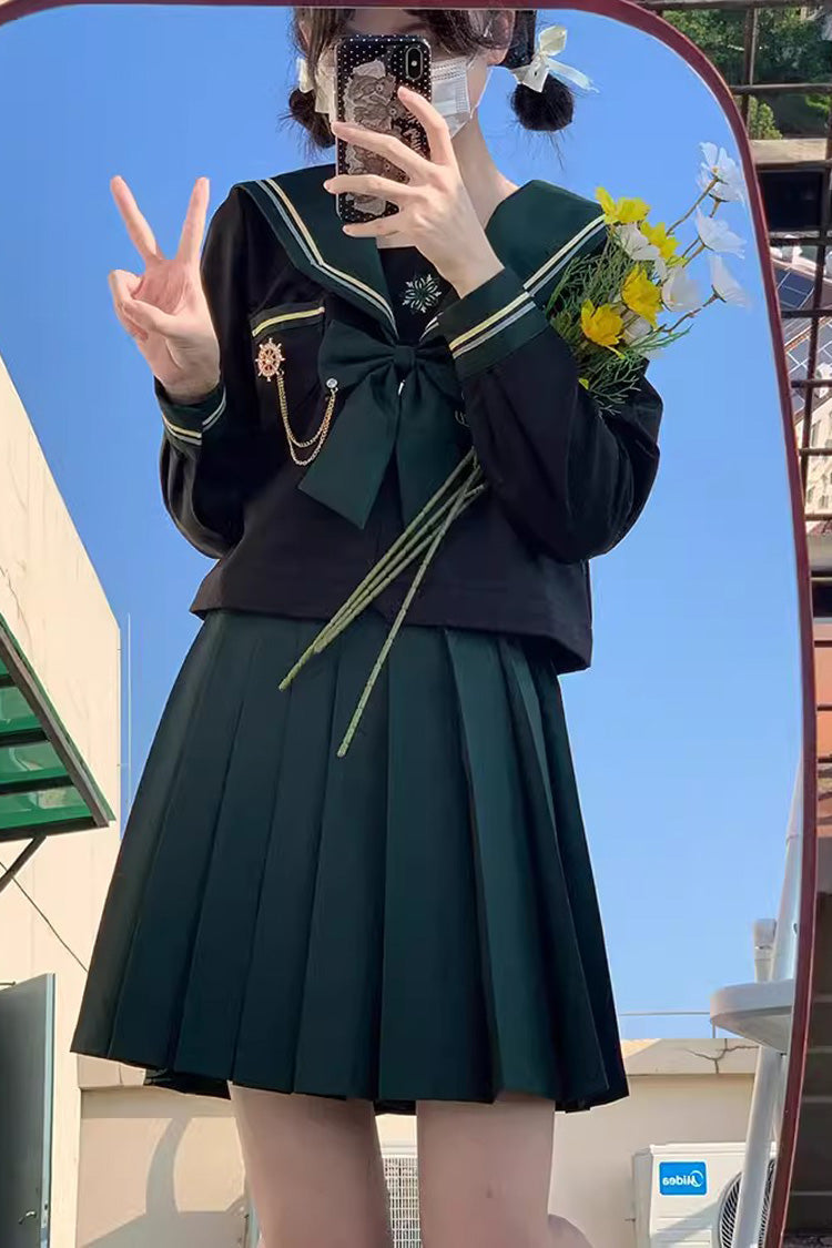 Black/Green Ruffle Bowknot Sweet Sailor College Style Japanese School Skirt Set - Product - 3