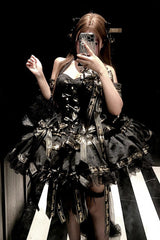 Black [Young Lady] Halterneck Sleeveless Multi-Layered Ruffle Bowknot Elegant Princess Gothic Lolita Dress - Product - 2