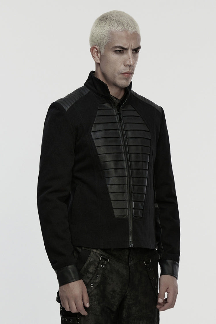 Black Stand Collar Long Sleeves Zipper Pleated Men's Punk Jacket - Product - 2