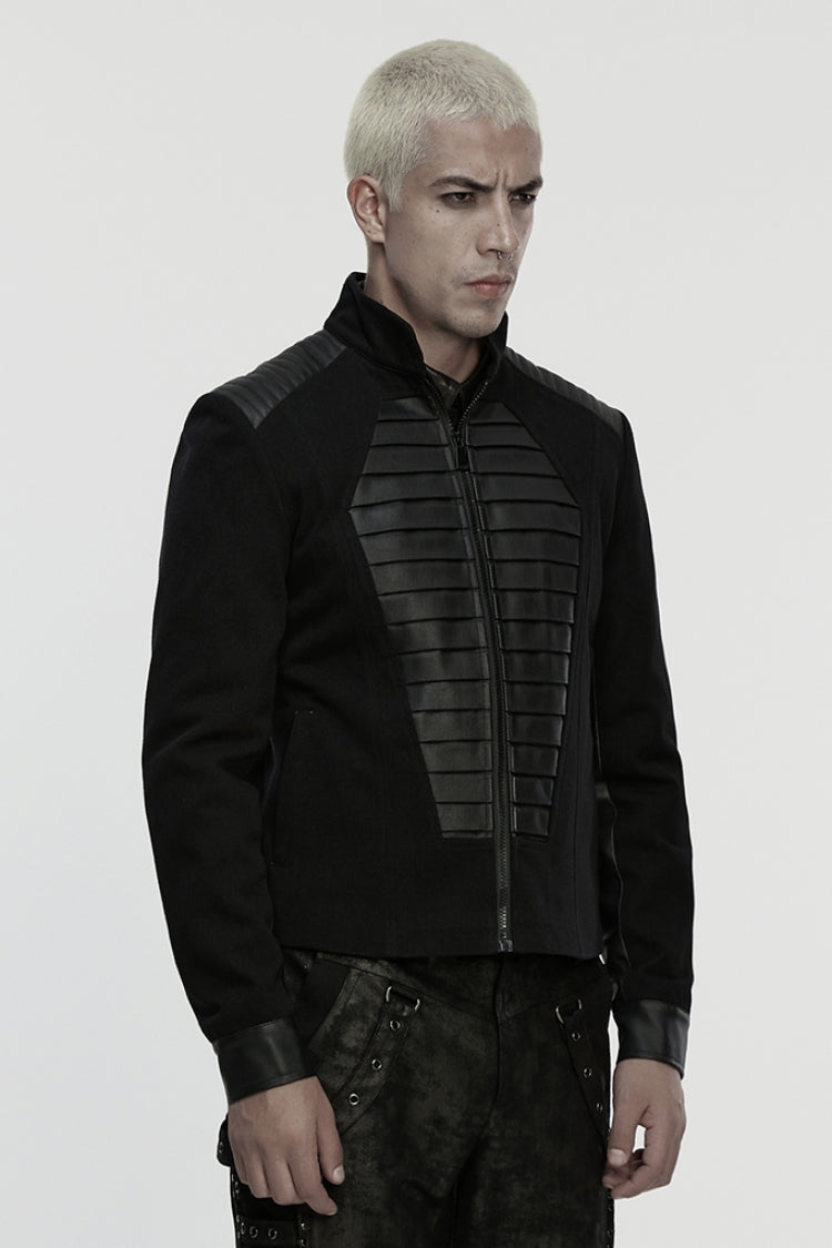 Black Stand Collar Long Sleeves Zipper Pleated Men's Punk Jacket - Product - 2