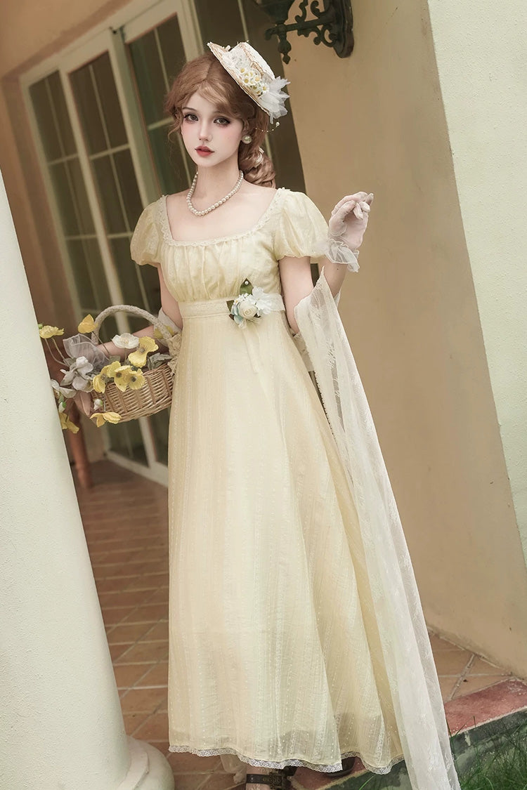 Yellow Square Collar Short Sleeves Jacquard Ruffled Lace Sweet Elegant Lolita Dress - Product - 4