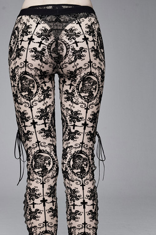 Brown Flocking Printing Mesh Side Lace Up Leggings Womens Pants - Product - 8