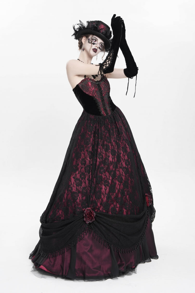 Red Jacquard Embroidery Floral Beaded Women's Gothic Long Slip Dress - Product - 10