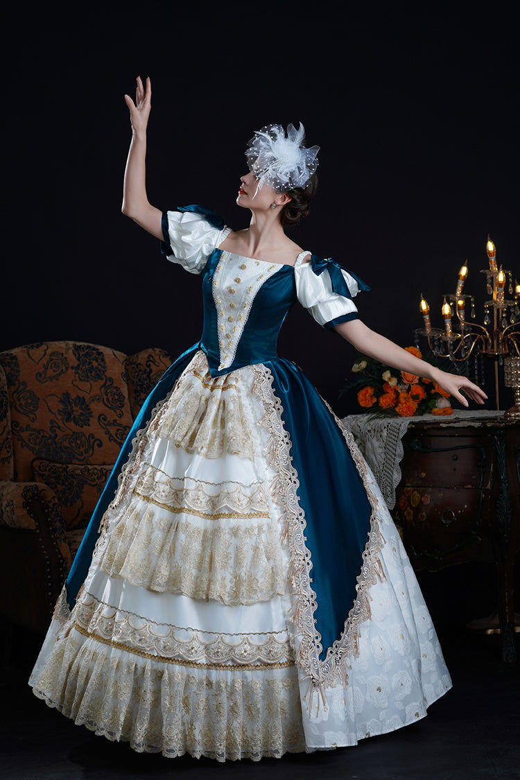 Blue/Apricot Off Shoulder Short Sleeves Ruffle Cardigan Bowknot Lace Classic Princess Palace Lolita Victorian Dress - Product - 3